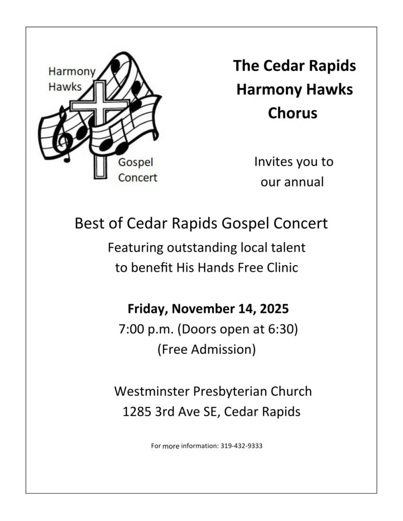 Harmony Hawks Annual Best of Cedar Rapids Gospel Concert Flier. On November 14, 2025 doors open at 6:30 Pm concert starts at 7pm and Admission is free.